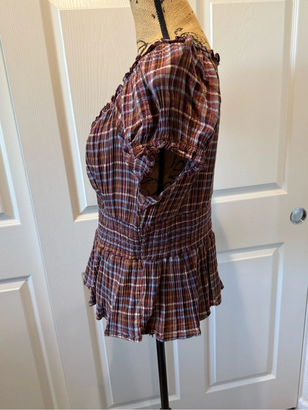 Old Navy Rust Multi Plaid Peplum Smocked Waist Blouse - Picture 2 of 6